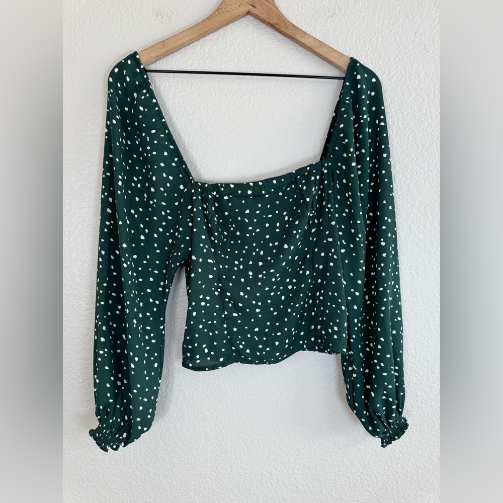 Abercrombie and Fitch AF Green White Polka Dot Long Sleeve Smocked Blouse Small - Picture 5 of 14